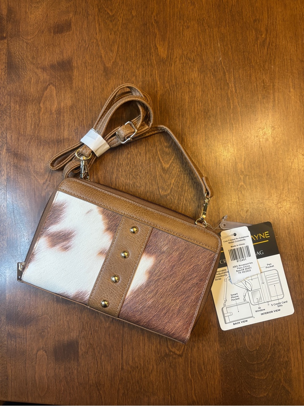 Cowhide Crossbody Wallet Bag in Brown & White with Leather Trim